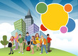 Group of cartoon teenagers on green park in the city