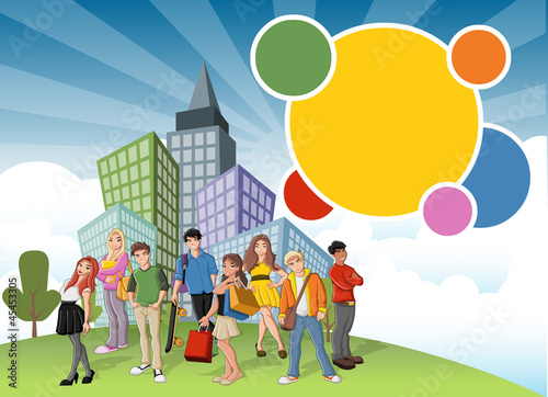 Vector: Group of cartoon teenagers on green park in the city Group of cartoon teenagers on green park in the city