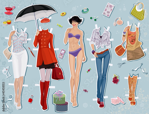 Vector: Paper doll of a young girl and clothes for her Paper doll of a young girl and clothes for her