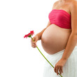 Pregnant woman holding pink flower.