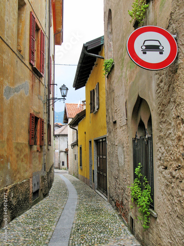 No motor vehicles sign on the narrow street of Cannobio, Italy