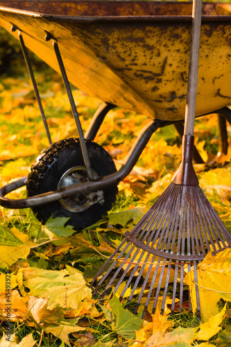 Photo: Rake and wheelbarrow Rake and wheelbarrow
