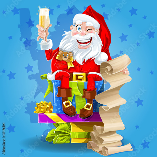 Vector: Cute Santa Claus with gifts and champagne Cute Santa Claus with gifts and champagne