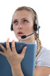 Woman with a headset and clipboard