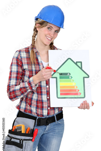 Photo: Woman holding screwdriver and energy rating card Woman holding screwdriver and energy rating card