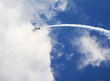 Aircraft with smoke trail on sky background