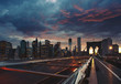 Panoramic shot of Manhattan skyline from the Brooklyn bridge 