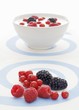 Fresh berries with a bowl of yogurt and berries in the background