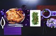 Chinese roasted turkey with green beans on a table with purple decorations