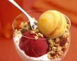 An ice cream sundae with sorbet and muesli