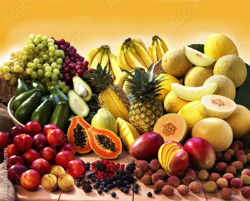 Photo: Display of exotic fruit with stone fruits, berries and avocados Display of exotic fruit with stone fruits, berries and avocados