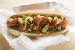 Hot dog with mustard, ketchup, gherkins and onions