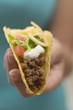Hand holding taco filled with mince, cheese & sour cream
