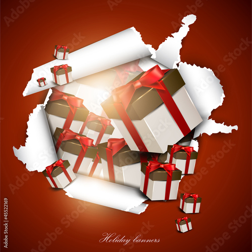 Vector: Torn paper with gift boxes. Holiday background Torn paper with gift boxes. Holiday background