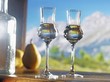 Two glasses of William's pear schnapps against an alpine backdrop