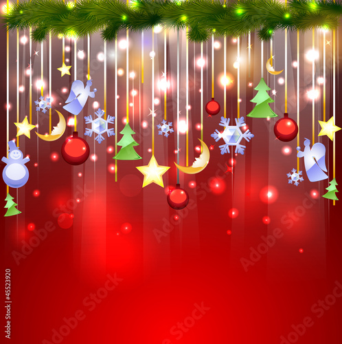 Vector: Shiny red background with Christmas decoration Shiny red background with Christmas decoration
