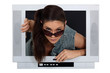 Woman climbing out of a TV set