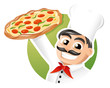 Italian chef presenting a freshly baked pizza