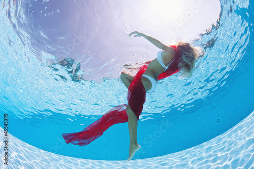 Photo: Underwater woman fashion portrait with red veil in swimming pool Underwater woman fashion portrait with red veil in swimming pool
