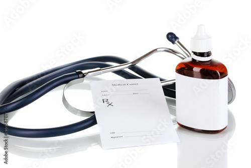 Photo: Pharmacist prescription with drops isolated on white Pharmacist prescription with drops isolated on white