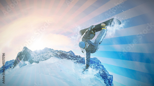 Illustration: Snowboarder springt aus Halfpipe ins Bild Snowboarder springt aus Halfpipe ins Bild