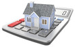 Illustration: House Pricing. Small blue house on a calculator. House Pricing. Small blue house on a calculator.
