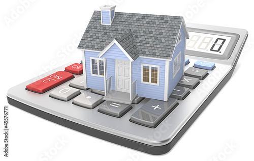 Illustration: House Pricing. Small blue house on a calculator. House Pricing. Small blue house on a calculator.