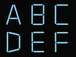 A,B,C,D,E,F, alphabet blue neon