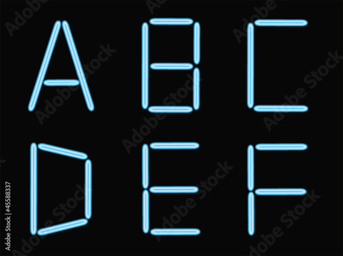 Vector: A,B,C,D,E,F, alphabet blue neon A,B,C,D,E,F, alphabet blue neon