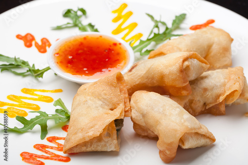 Photo: Spring Rolls with sauce on the plate Spring Rolls with sauce on the plate