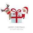 santa and reindeer behind gift box
