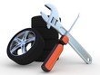 Wheels and Tools on white background. Isolated 3D image