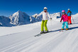 Skiing, winter, ski lesson - skiers on mountainside