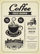 Retro banner with a cup of coffee and a vintage car