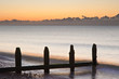 Old groynes on beach last defense at sunrise against tide