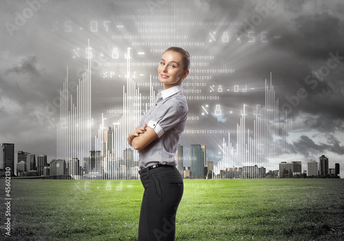 Illustration: Businesswoman agaisnt virtual background Businesswoman agaisnt virtual background