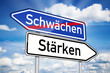 Wegweiser mit Schwächen und Stärken