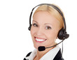 Cheerful call center operator against white background