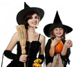 two happy sisters with halloween masks - white background