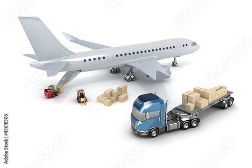 Illustration: Airport : forklift is loading the airplane Airport : forklift is loading the airplane