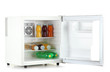 mini fridge full of bottles of juice, soda and fruit isolated