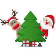 santa and reindeer behind christmas tree