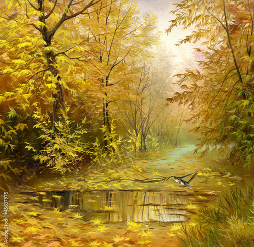 Illustration: beautiful autumn landscape, canvas, oil beautiful autumn landscape, canvas, oil