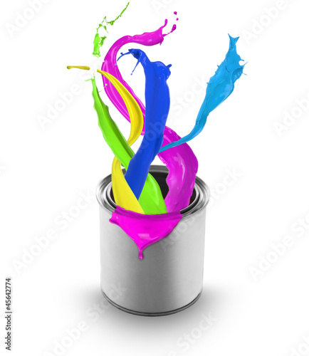 Photo: Colored paint splashing out of can, isolated on white background Colored paint splashing out of can, isolated on white background