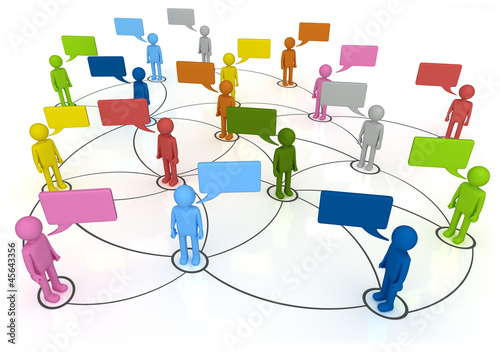 Illustration: Social Network Connections - characters chatting in linked web Social Network Connections - characters chatting in linked web
