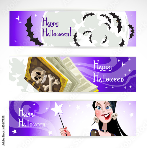 Vector: Happy Halloween horizontal banner. The night sky Happy Halloween horizontal banner. The night sky