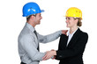 Male and female architects shake hands