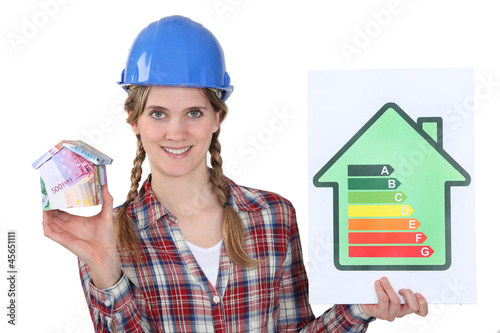 Photo: female heating engineer holding money box in shape of house female heating engineer holding money box in shape of house
