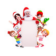 santa with sign and elves behind sign