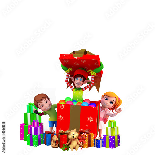 Illustration: elves coming out of box with kids elves coming out of box with kids